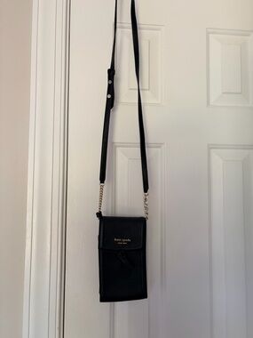 kate spade Black Leather Crossbody Phone Bag with Gold Chain Accents